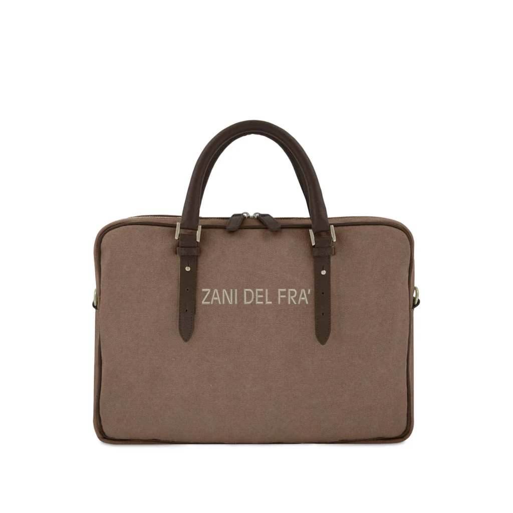 Borsa in canvas con con finiture in pelle, personalizzabile con logo ricamato