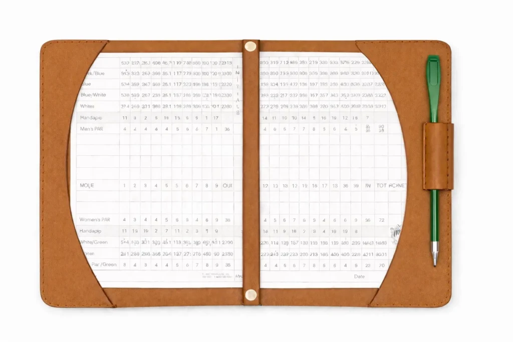 porta-score-aperto-color-cuoio Porta score da golf in pelle personalizzabile con logo e iniziali