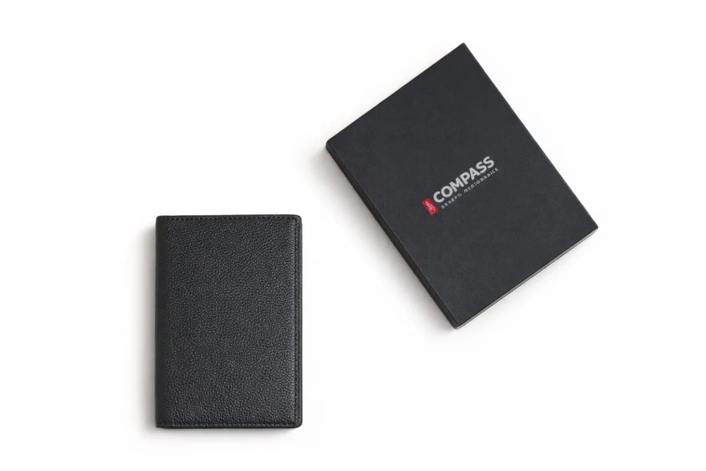 Compass-porta-passaporti-chiuso-con-scatola Porta passaporto in pelle personalizzabile con scatola personalizzata