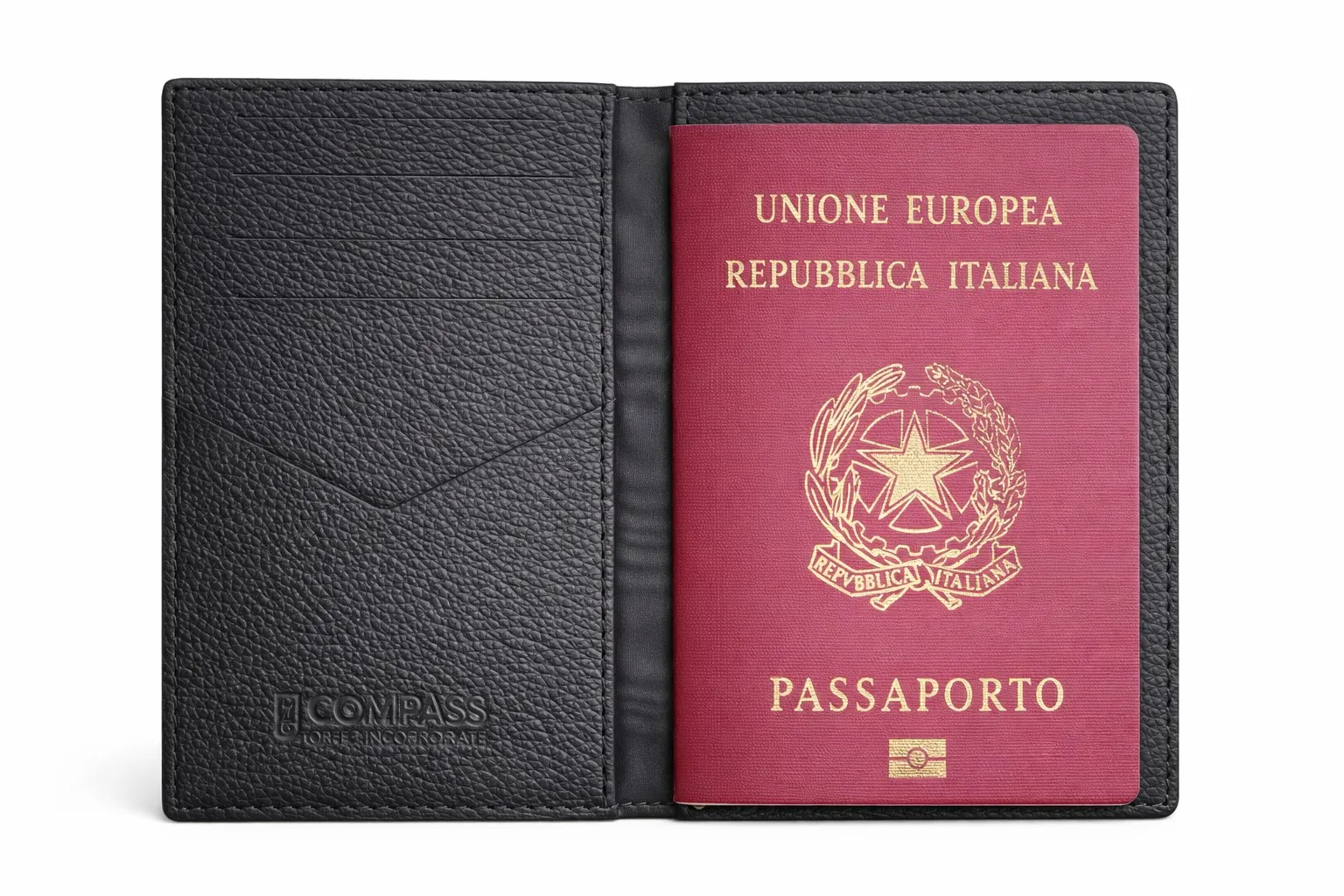 Compass-Porta-passaporto-aperto-quinquies Porta passaporto in pelle personalizzabile interno